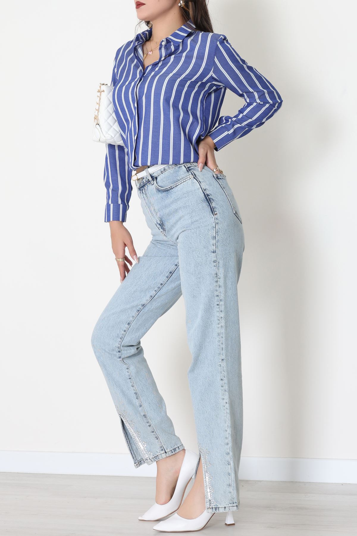 Pamuk Polyester Çizgili Gömlek Koyumavibeyaz1 - 51064.147.