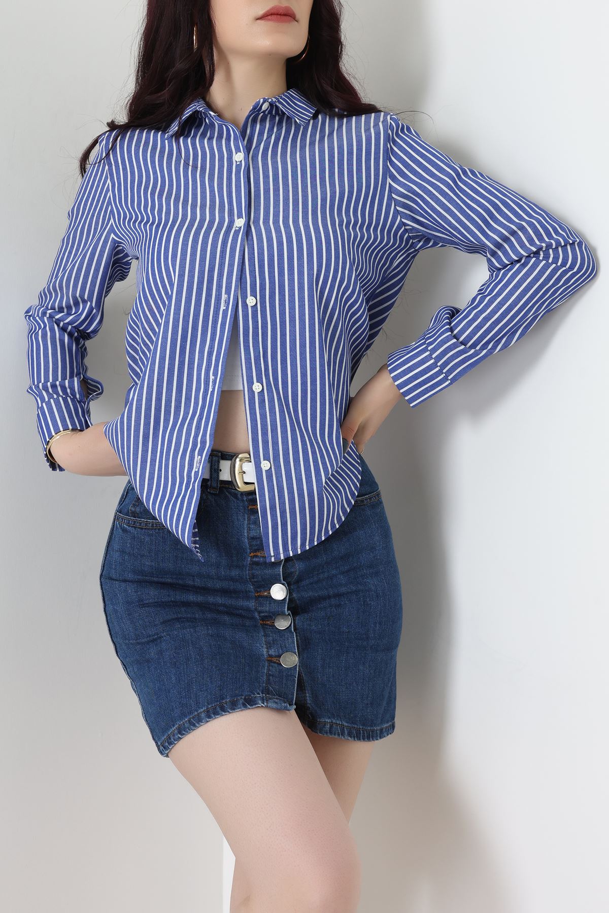 Pamuk Polyester Çizgili Gömlek Koyumavibeyaz - 51064.147.