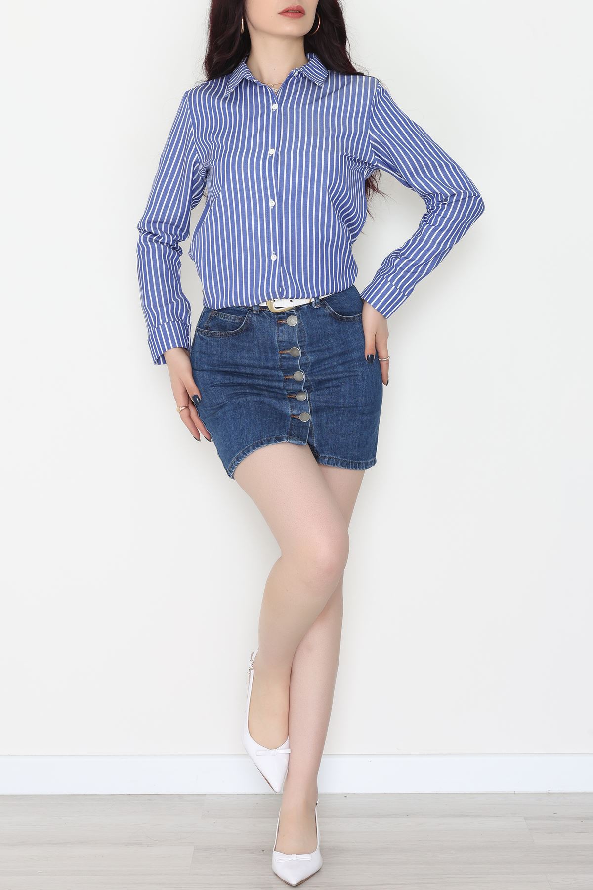 Pamuk Polyester Çizgili Gömlek Koyumavibeyaz - 51064.147.