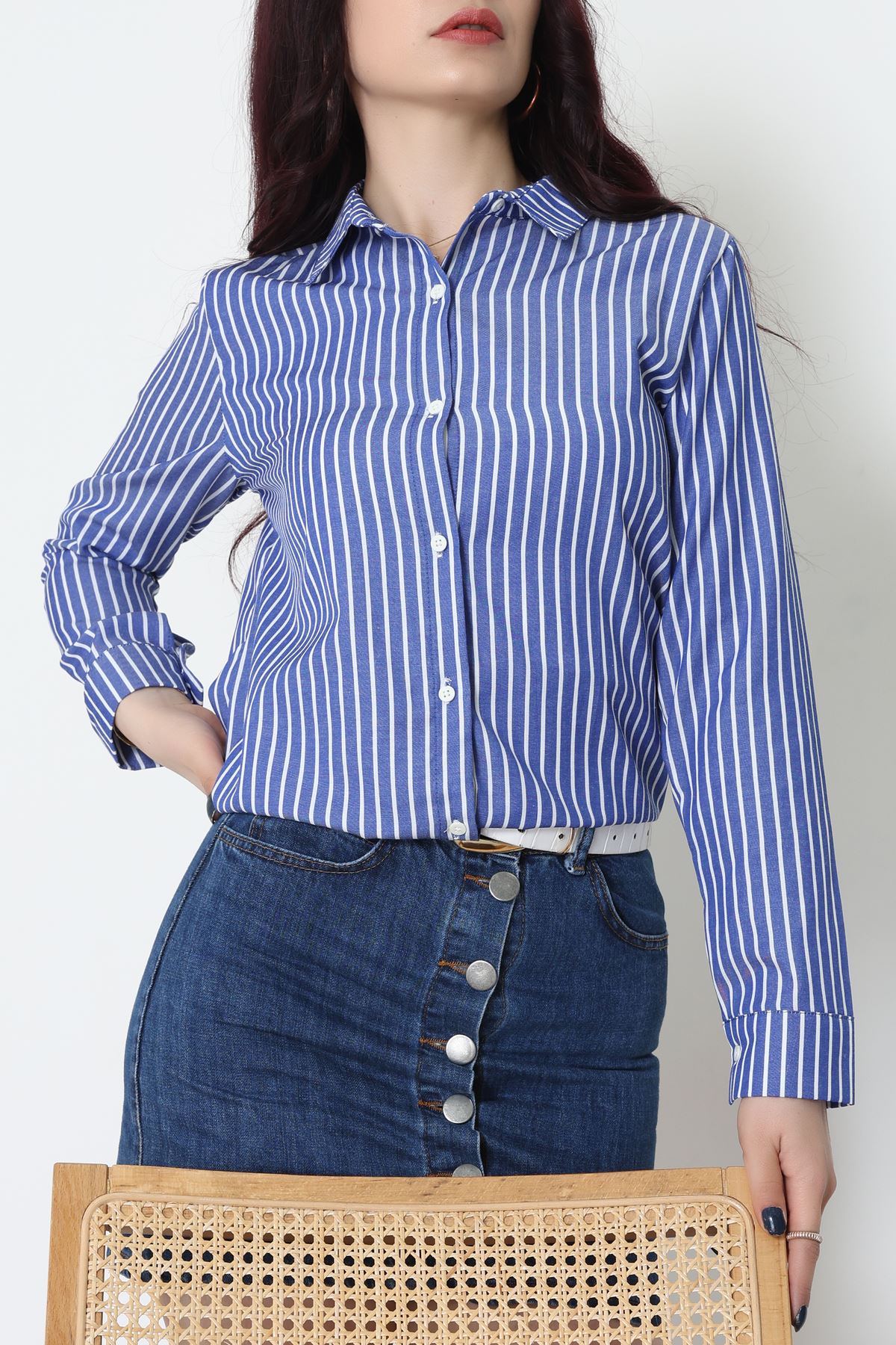 Pamuk Polyester Çizgili Gömlek Koyumavibeyaz - 51064.147.