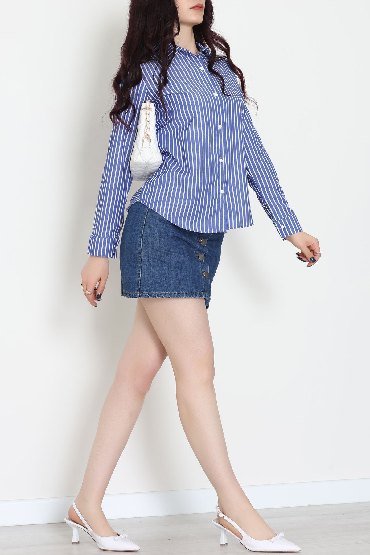 Pamuk Polyester Çizgili Gömlek Koyumavibeyaz - 51064.147.