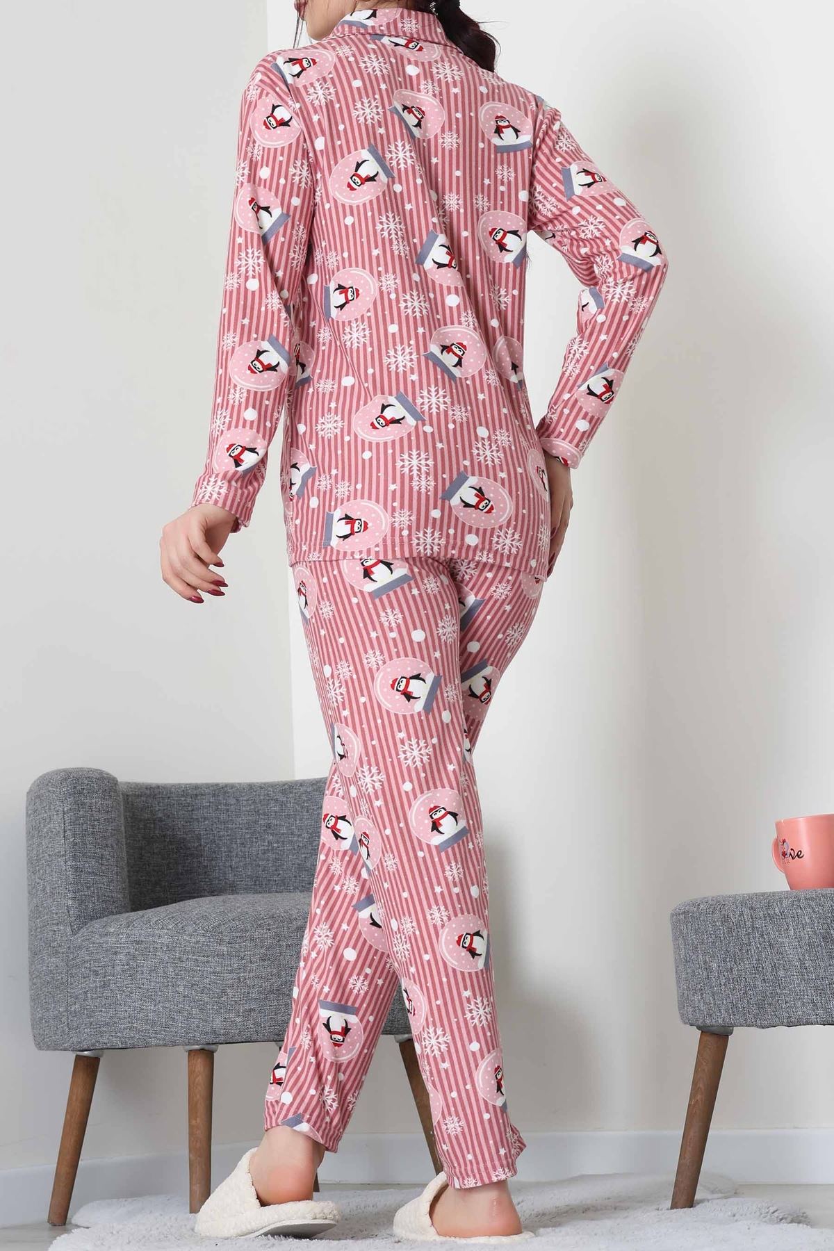Süet Düğmeli Pijama Takımı Pembedesenli - 55014.1048.