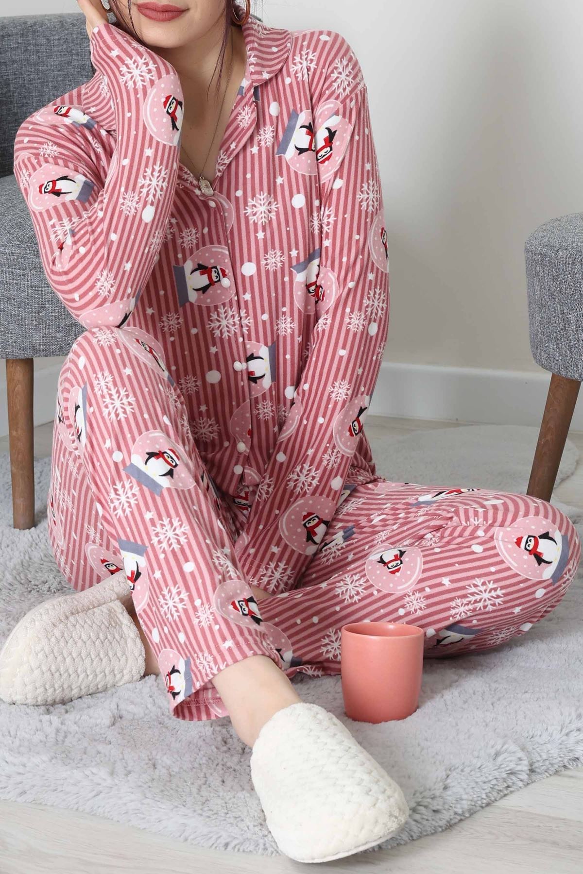 Süet Düğmeli Pijama Takımı Pembedesenli - 55014.1048.