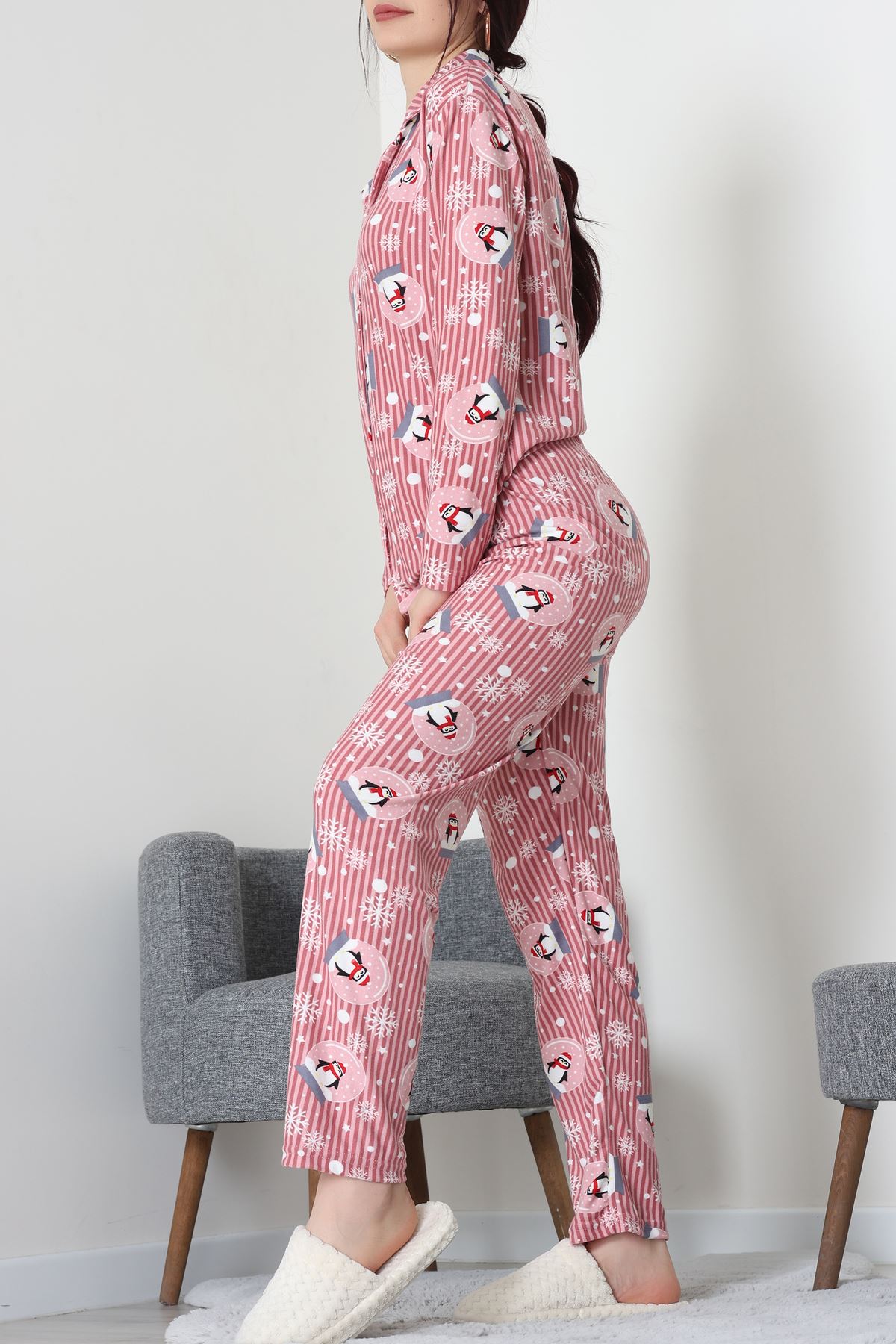 Süet Düğmeli Pijama Takımı Pembedesenli - 55014.1048.