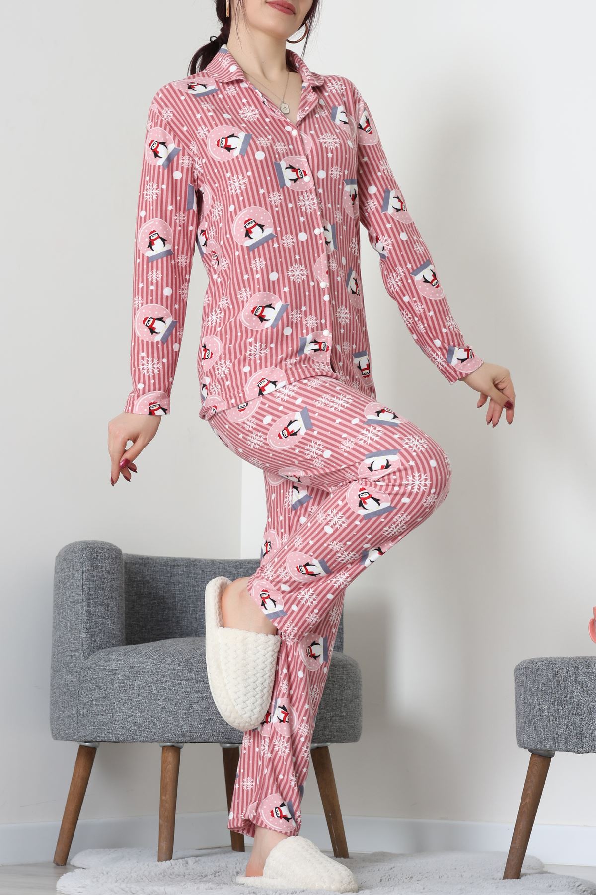 Süet Düğmeli Pijama Takımı Pembedesenli - 55014.1048.