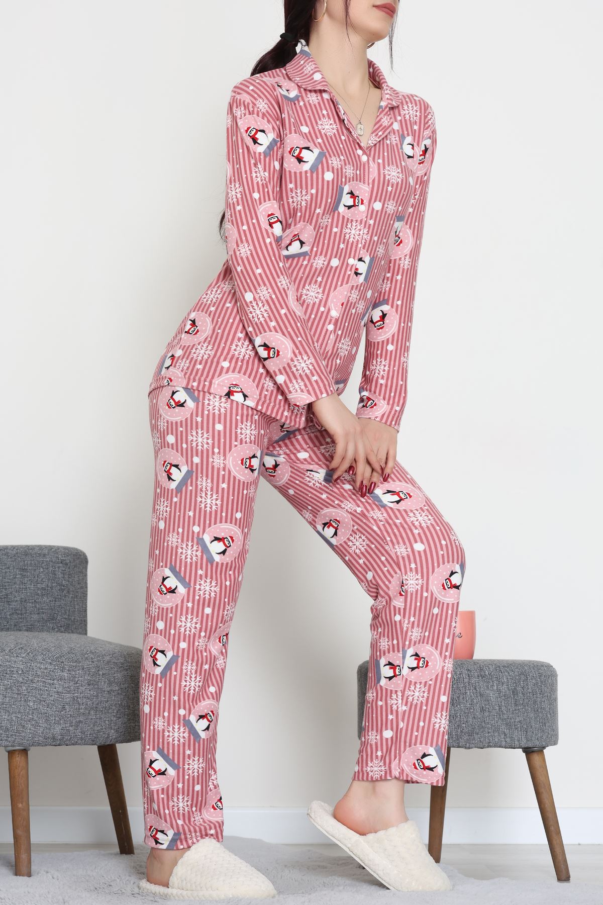 Süet Düğmeli Pijama Takımı Pembedesenli - 55014.1048.
