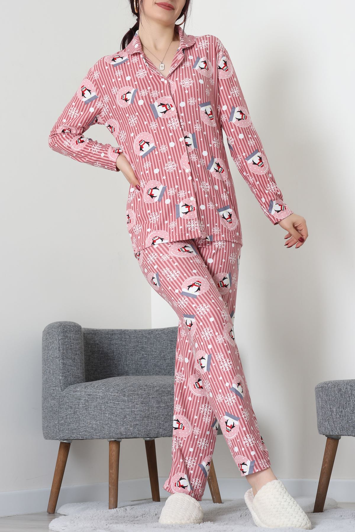 Süet Düğmeli Pijama Takımı Pembedesenli - 55014.1048.