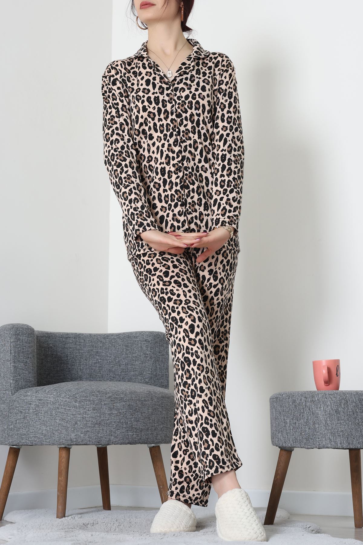 Süet Düğmeli Pijama Takımı Leopar - 55014.1048.