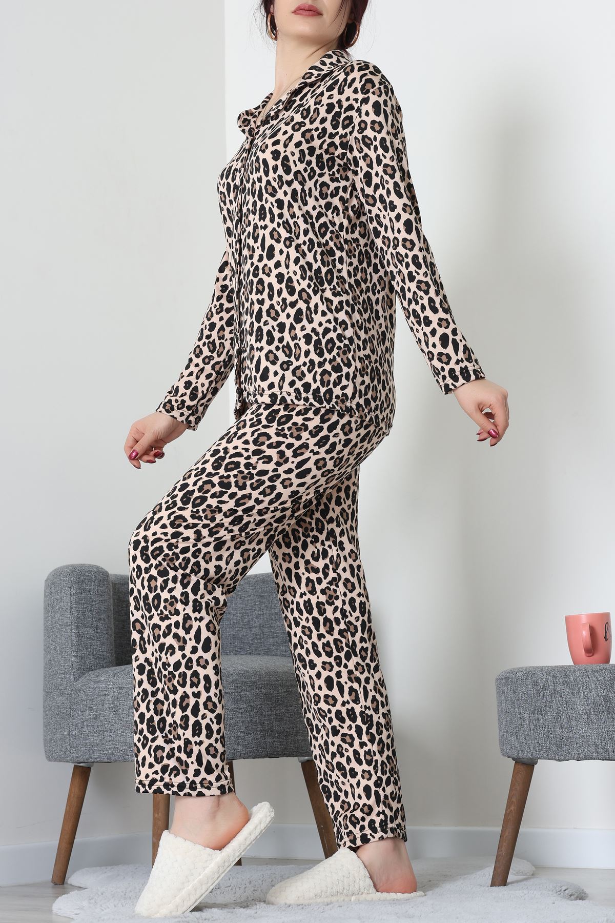 Süet Düğmeli Pijama Takımı Leopar - 55014.1048.