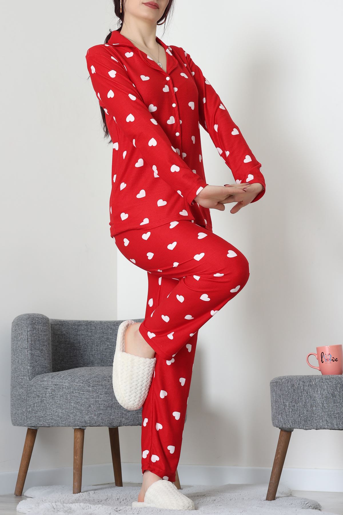 Süet Düğmeli Pijama Takımı Beyazkalp - 55014.1048.