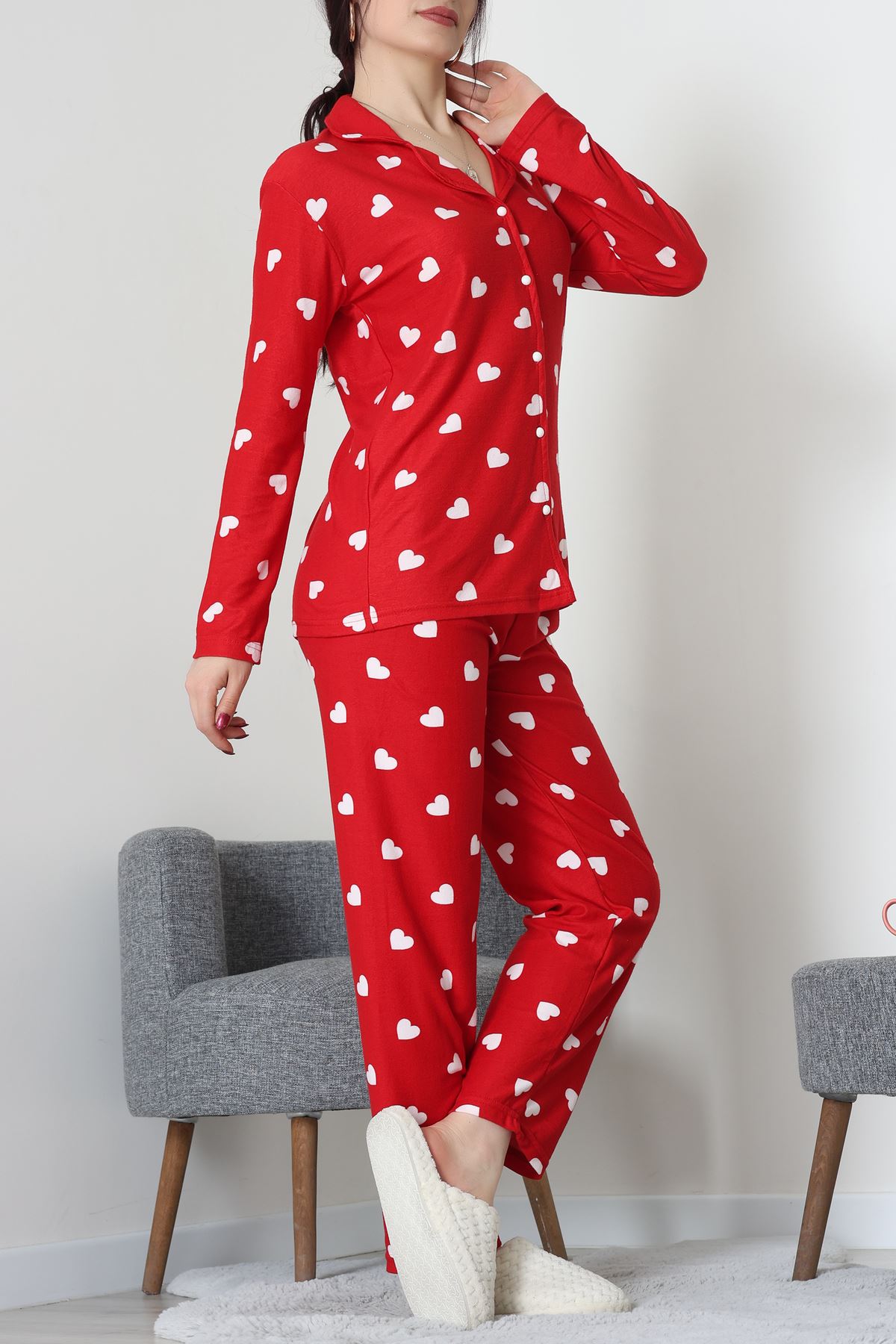 Süet Düğmeli Pijama Takımı Beyazkalp - 55014.1048.