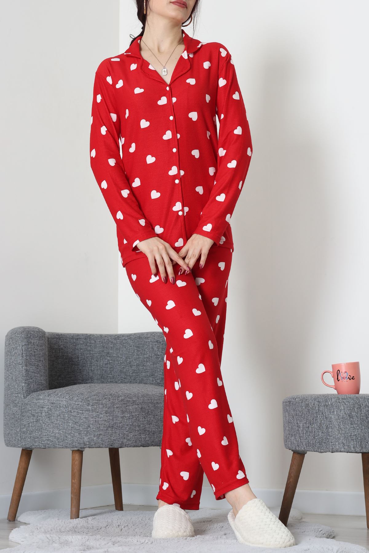 Süet Düğmeli Pijama Takımı Beyazkalp - 55014.1048.