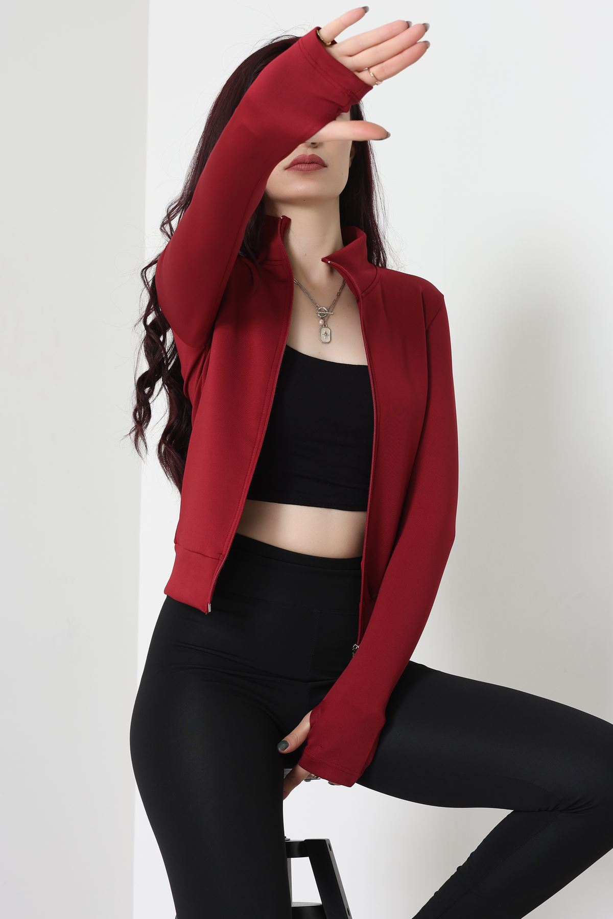 Double Krep Kumaş Parmak Geçmeli Fermuarlı Ceket Kırmızı - 42782.1567.