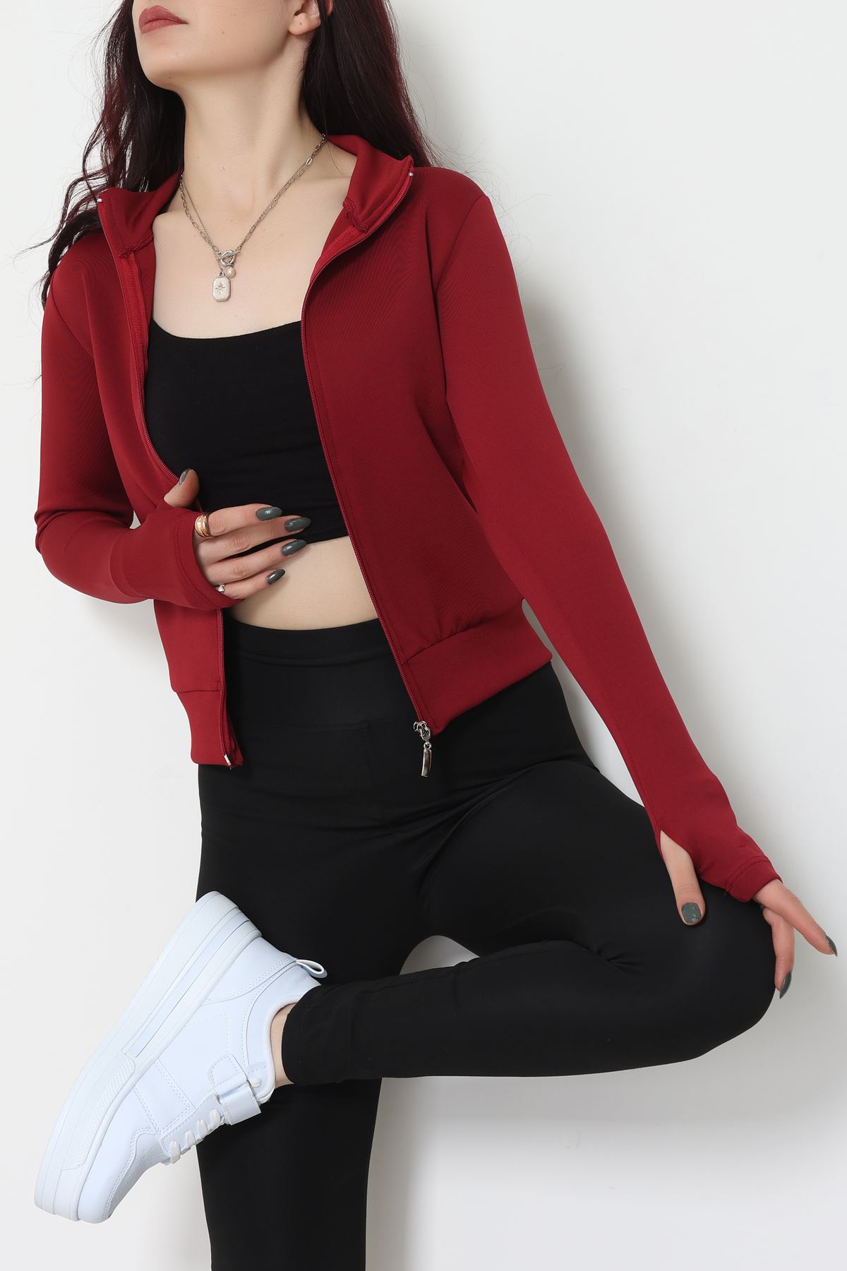 Double Krep Kumaş Parmak Geçmeli Fermuarlı Ceket Kırmızı - 42782.1567.