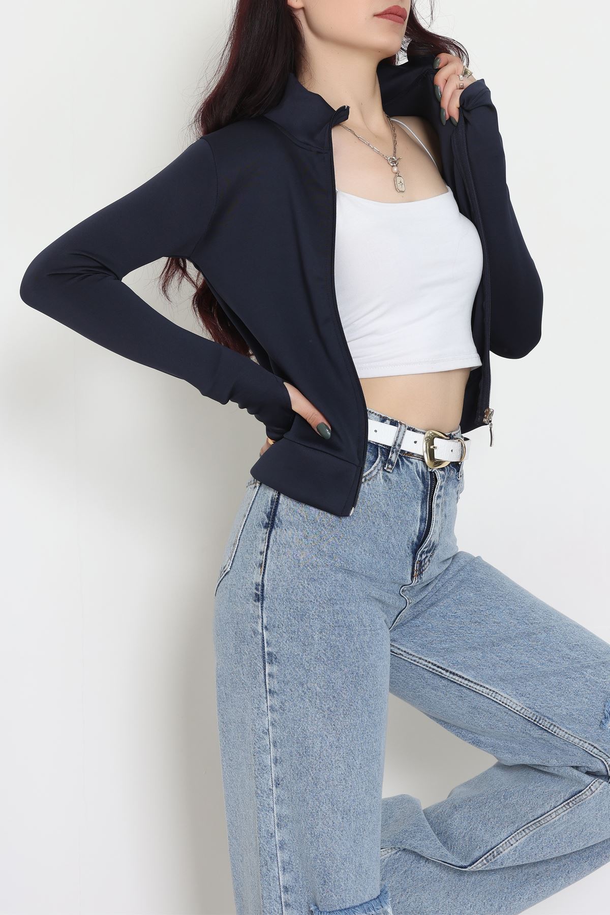 Double Krep Kumaş Parmak Geçmeli Fermuarlı Ceket Lacivert - 42782.1567.