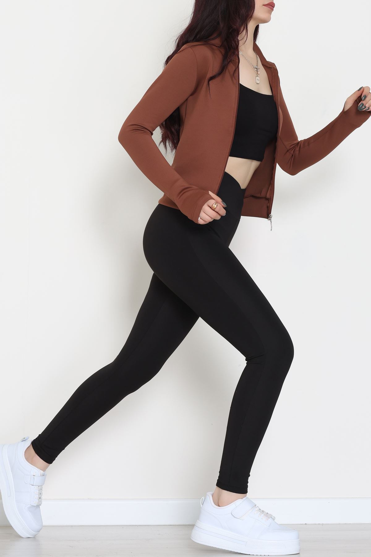 Double Krep Kumaş Parmak Geçmeli Fermuarlı Ceket Acıkahve - 42782.1567.