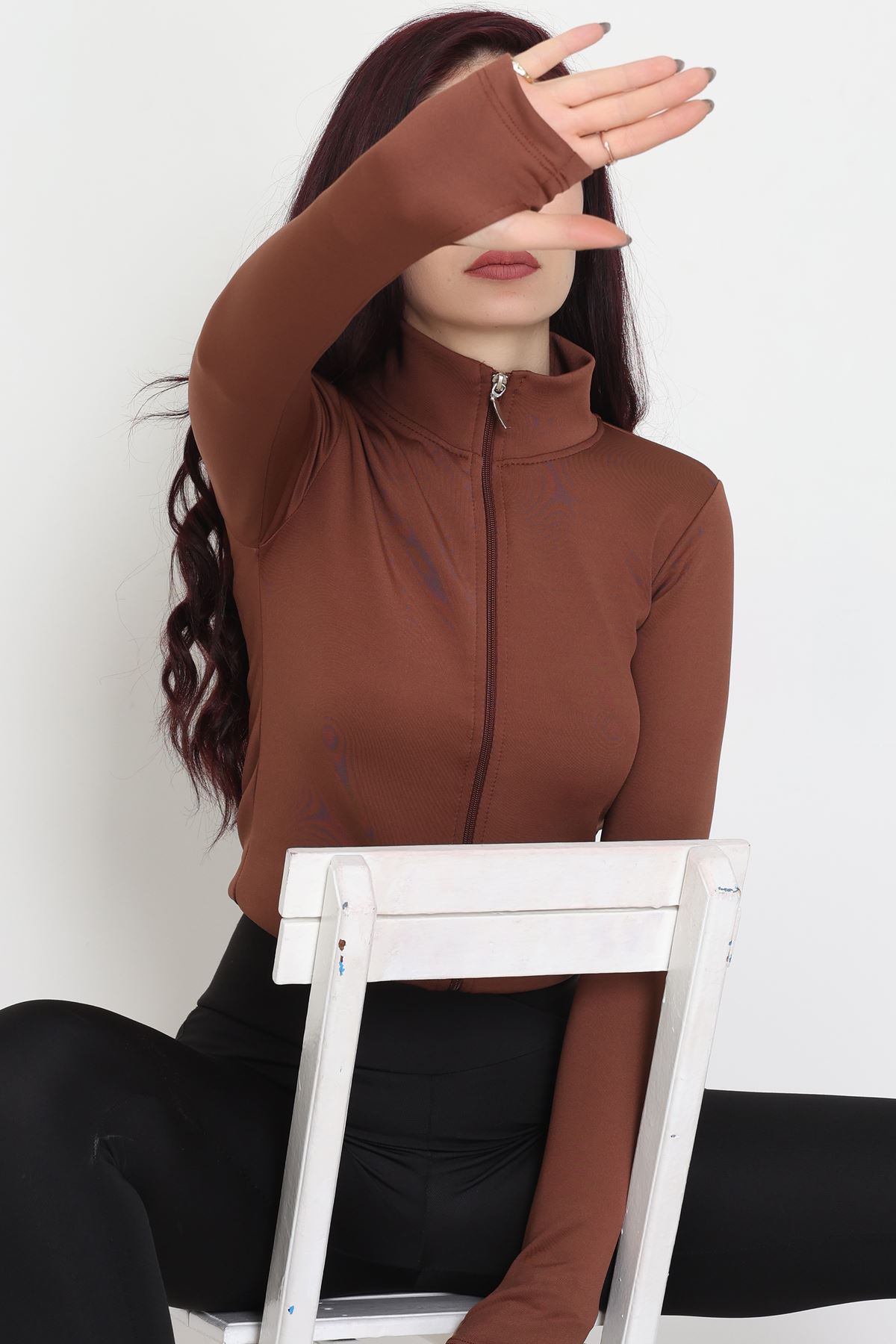 Double Krep Kumaş Parmak Geçmeli Fermuarlı Ceket Acıkahve - 42782.1567.