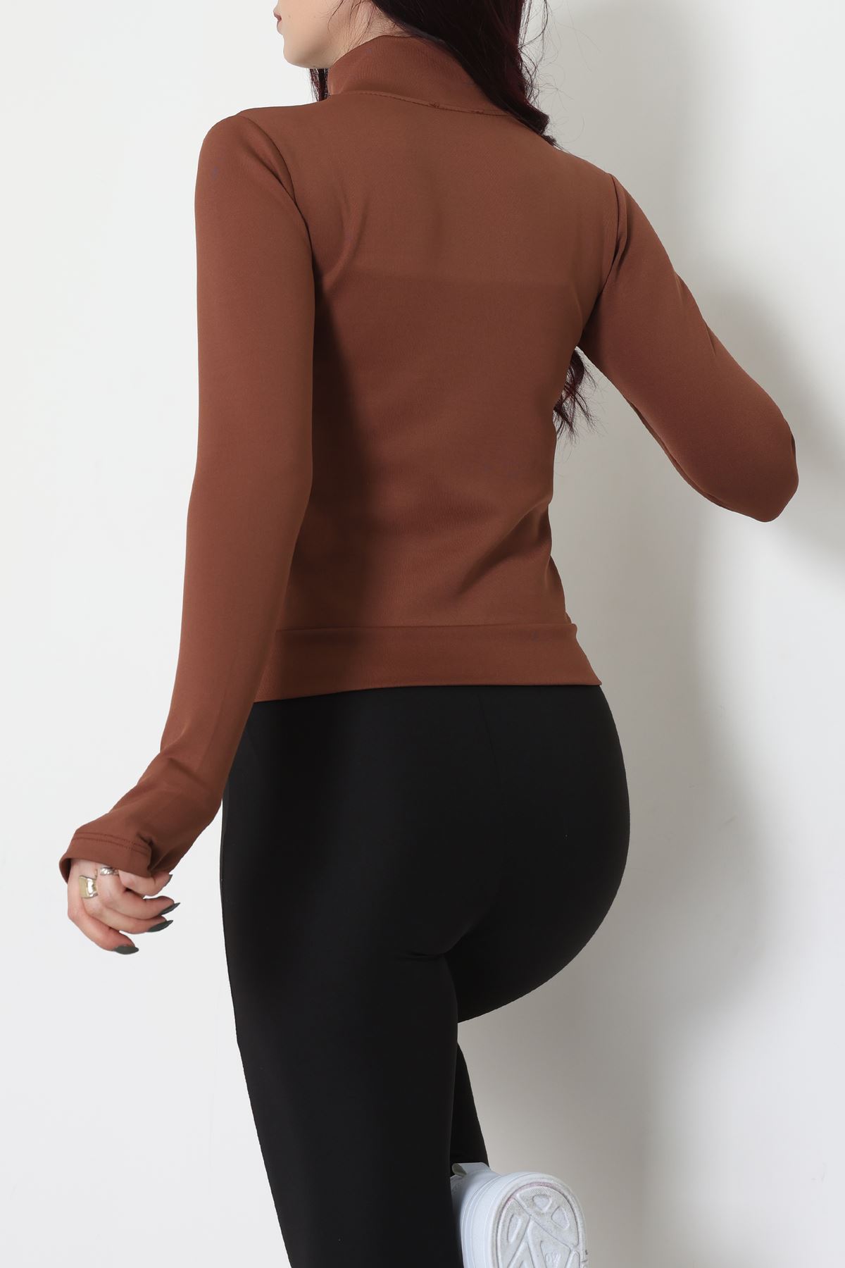 Double Krep Kumaş Parmak Geçmeli Fermuarlı Ceket Acıkahve - 42782.1567.