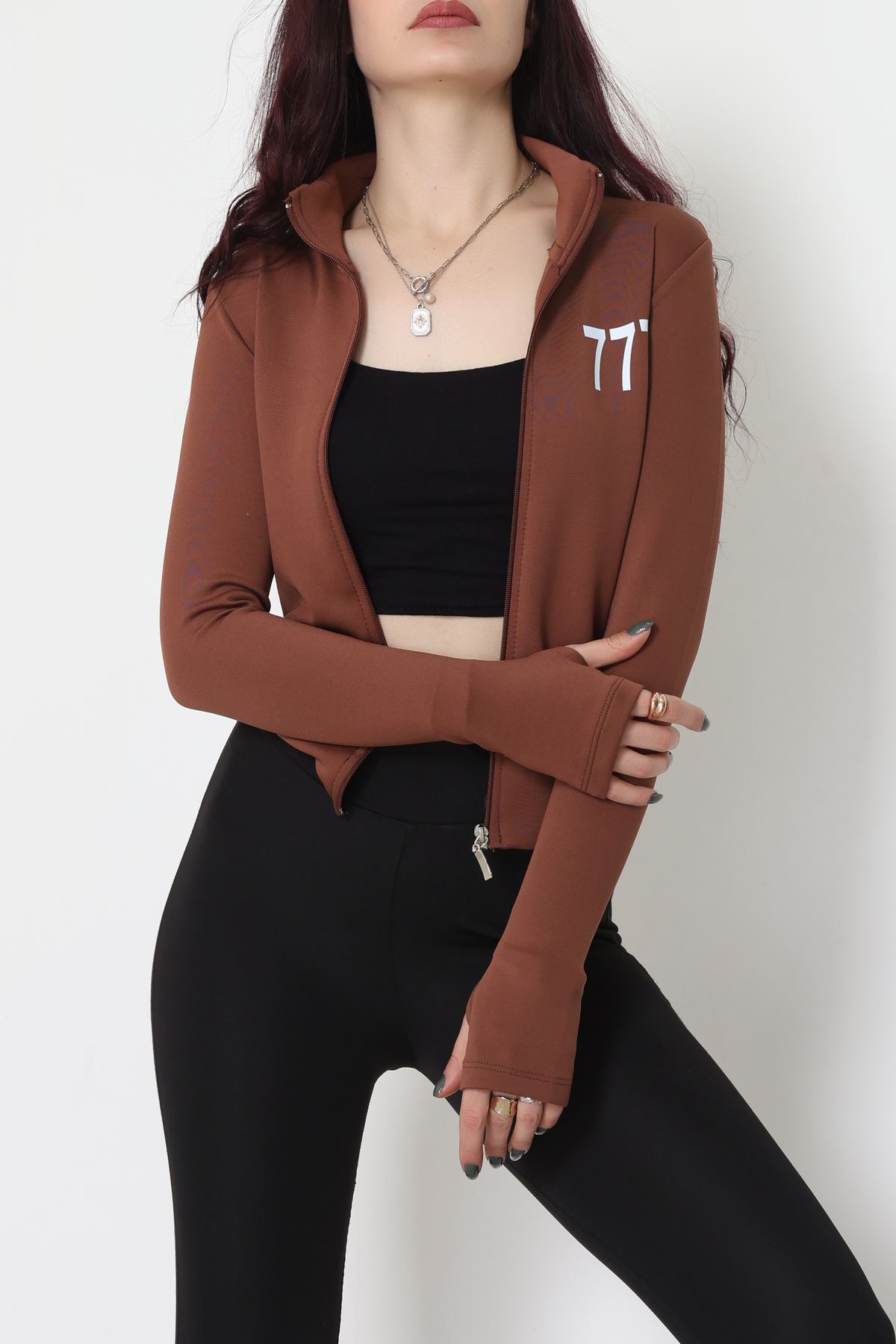 Double Krep Kumaş Parmak Geçmeli Baskılı Ceket Acıkahve - 42783.1567.