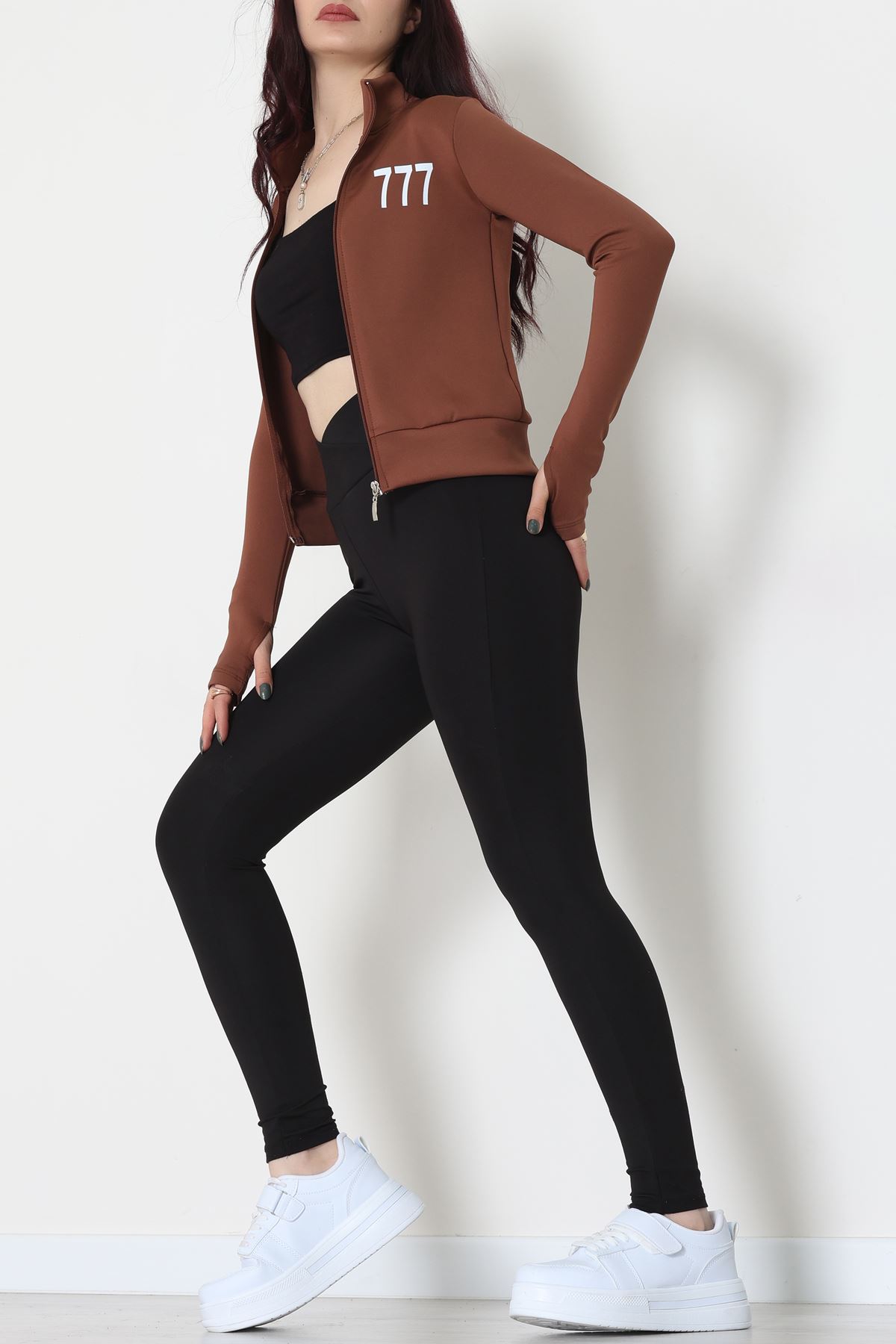 Double Krep Kumaş Parmak Geçmeli Baskılı Ceket Acıkahve - 42783.1567.