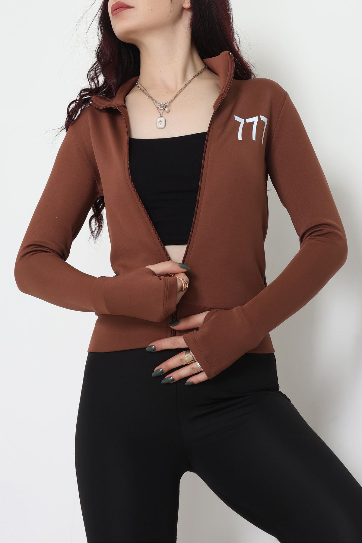 Double Krep Kumaş Parmak Geçmeli Baskılı Ceket Acıkahve - 42783.1567.