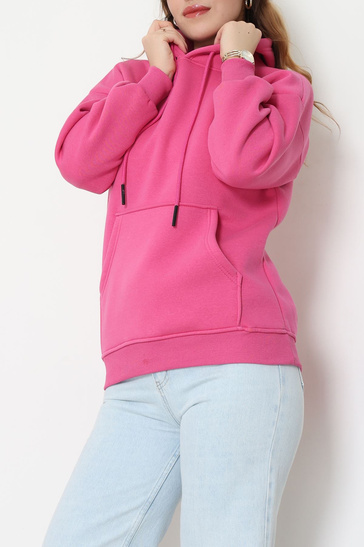 3 İplik Kanguru Cepli Kapşonlu Sweat Açıkpembe - 20960.1878.