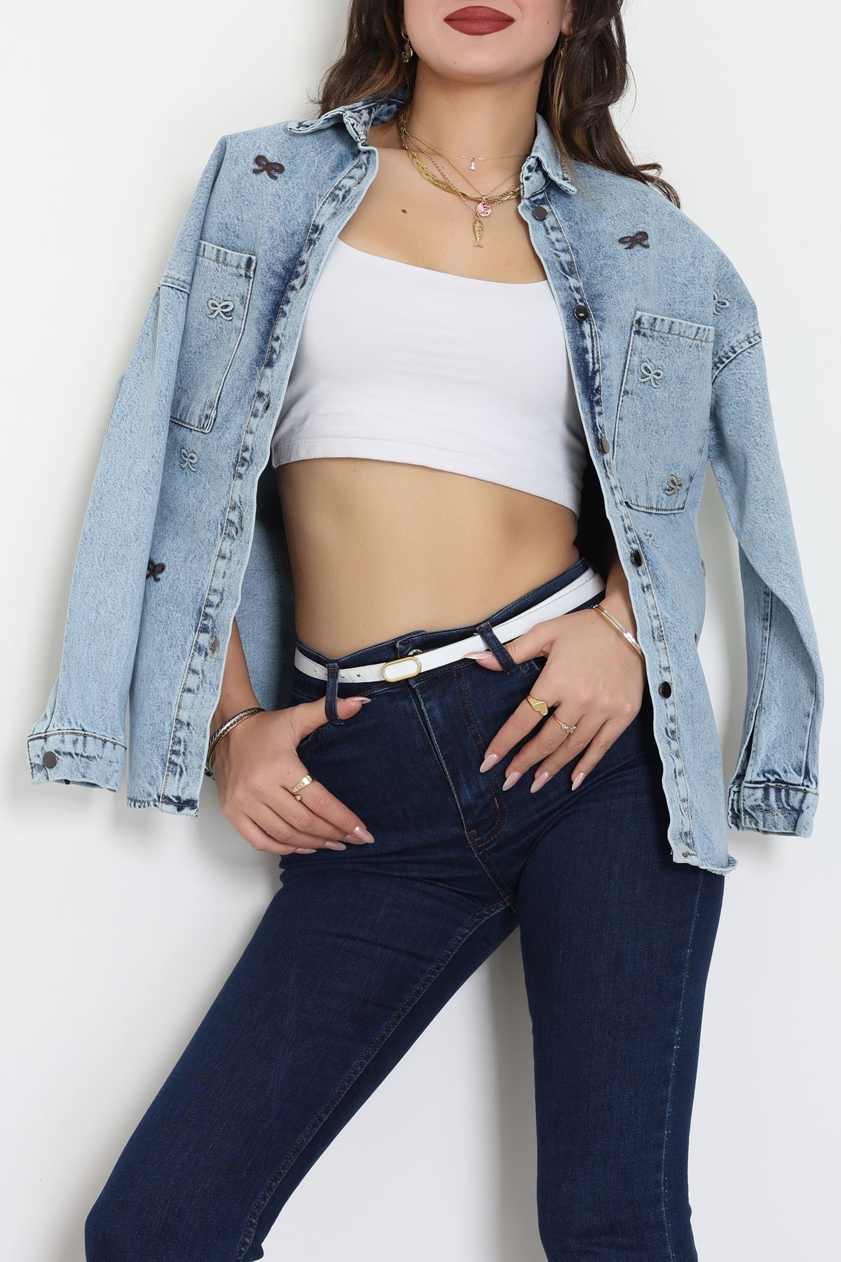 Kurdele Nakışlı Kot Ceket Mavi - 31785.683.