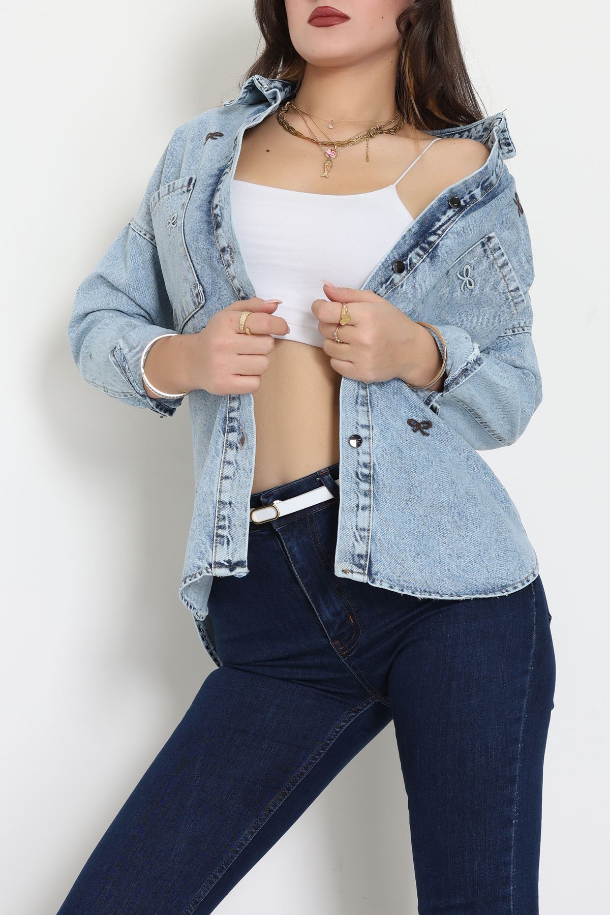 Kurdele Nakışlı Kot Ceket Mavi - 31785.683.