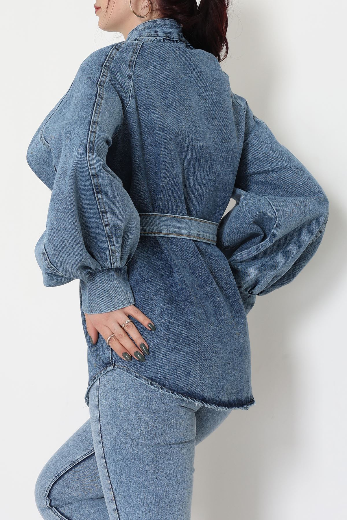 Balon Kollu Belden Bağlamalı Kot Ceket Mavi - 31787.683.