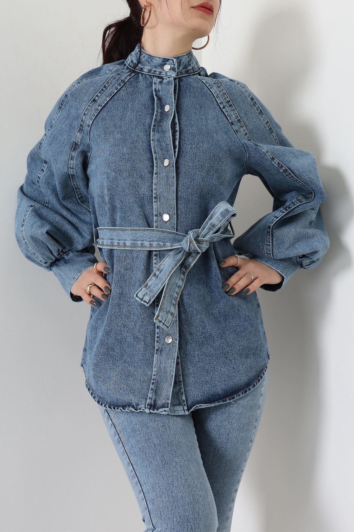 Balon Kollu Belden Bağlamalı Kot Ceket Mavi - 31787.683.