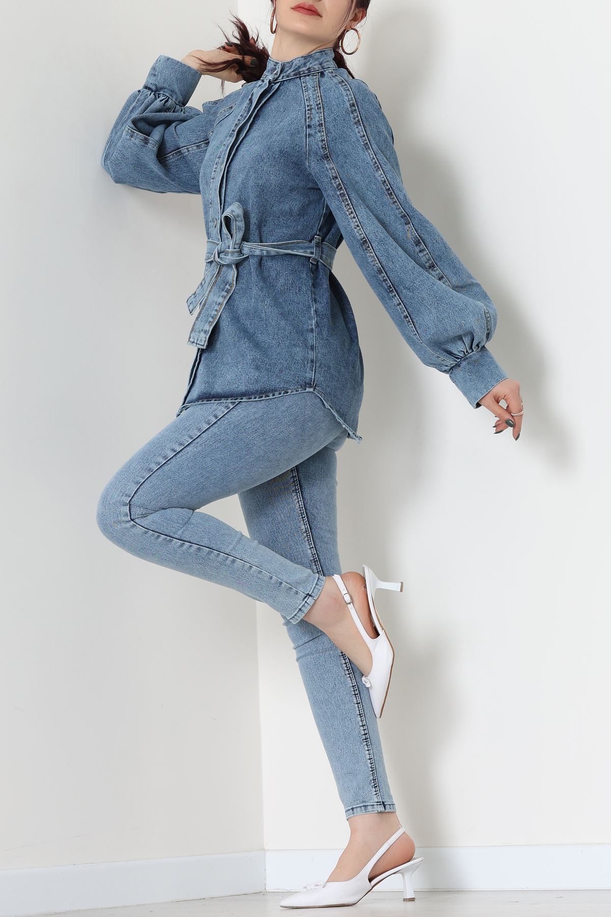 Balon Kollu Belden Bağlamalı Kot Ceket Mavi - 31787.683.