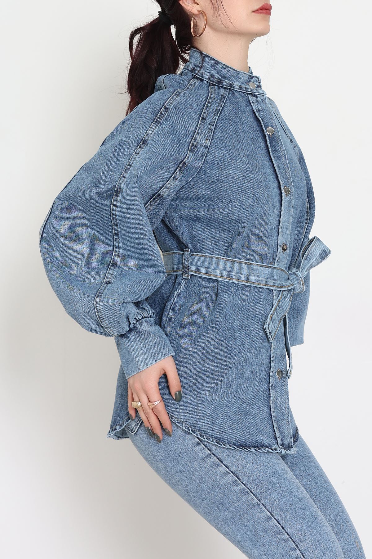 Balon Kollu Belden Bağlamalı Kot Ceket Mavi - 31787.683.