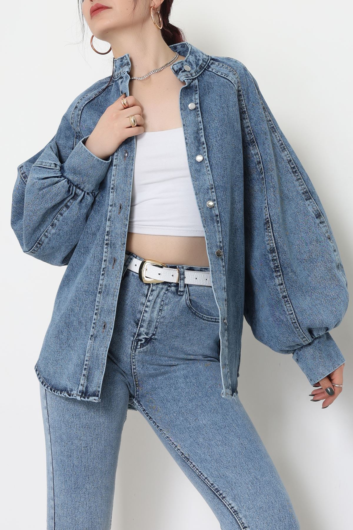 Balon Kollu Belden Bağlamalı Kot Ceket Mavi - 31787.683.