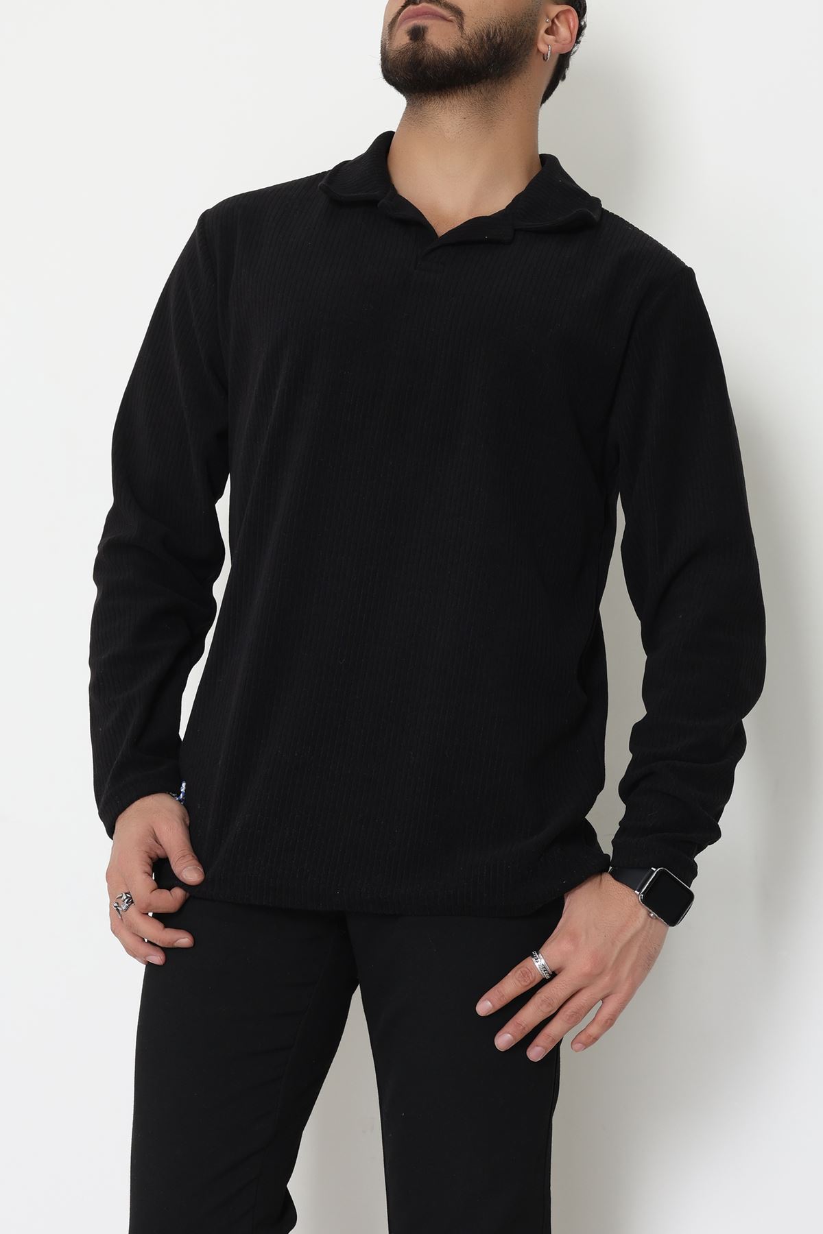 Fitilli Kadife Polo Yaka Erkek Sweat Siyah - 55027.1947.