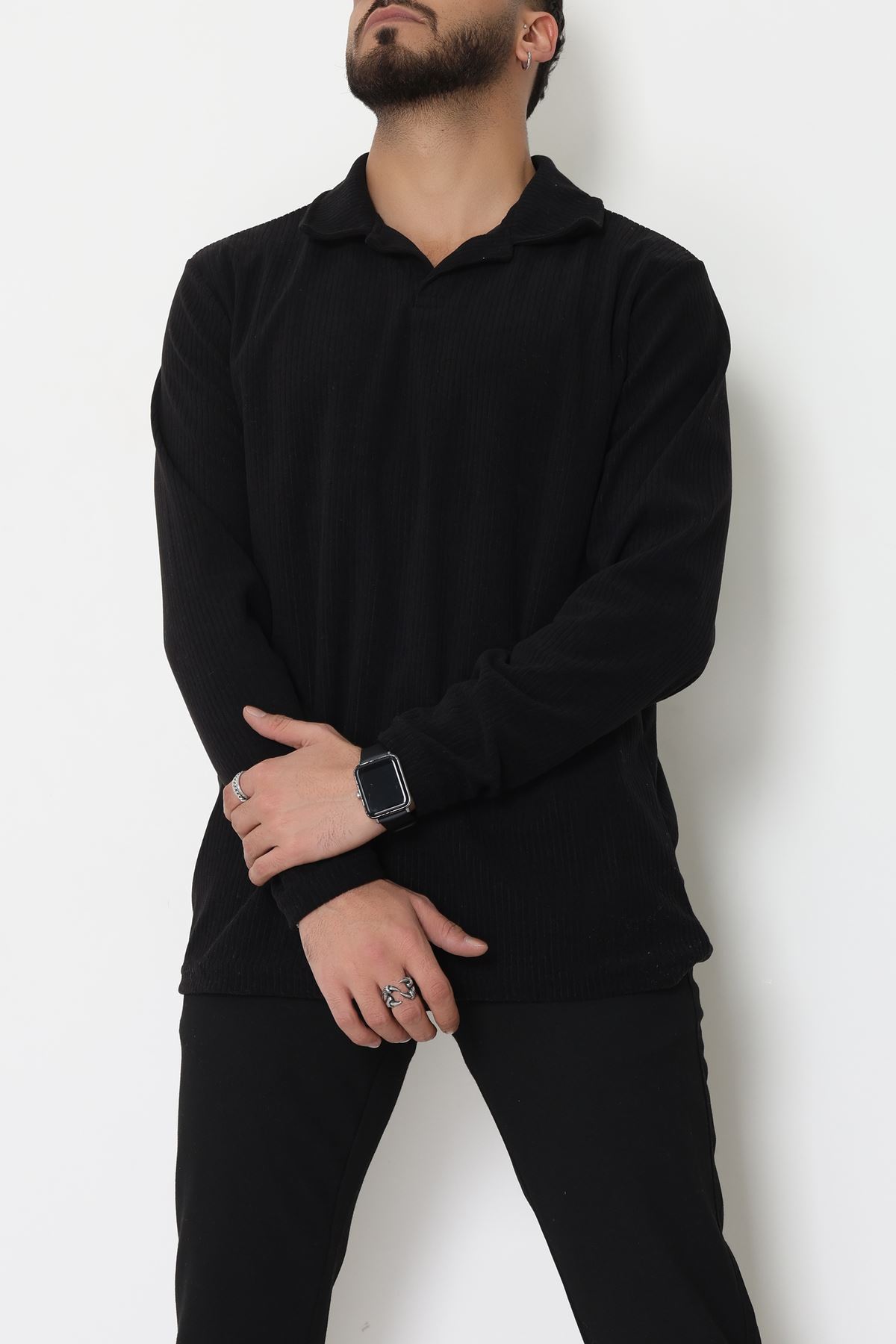 Fitilli Kadife Polo Yaka Erkek Sweat Siyah - 55027.1947.