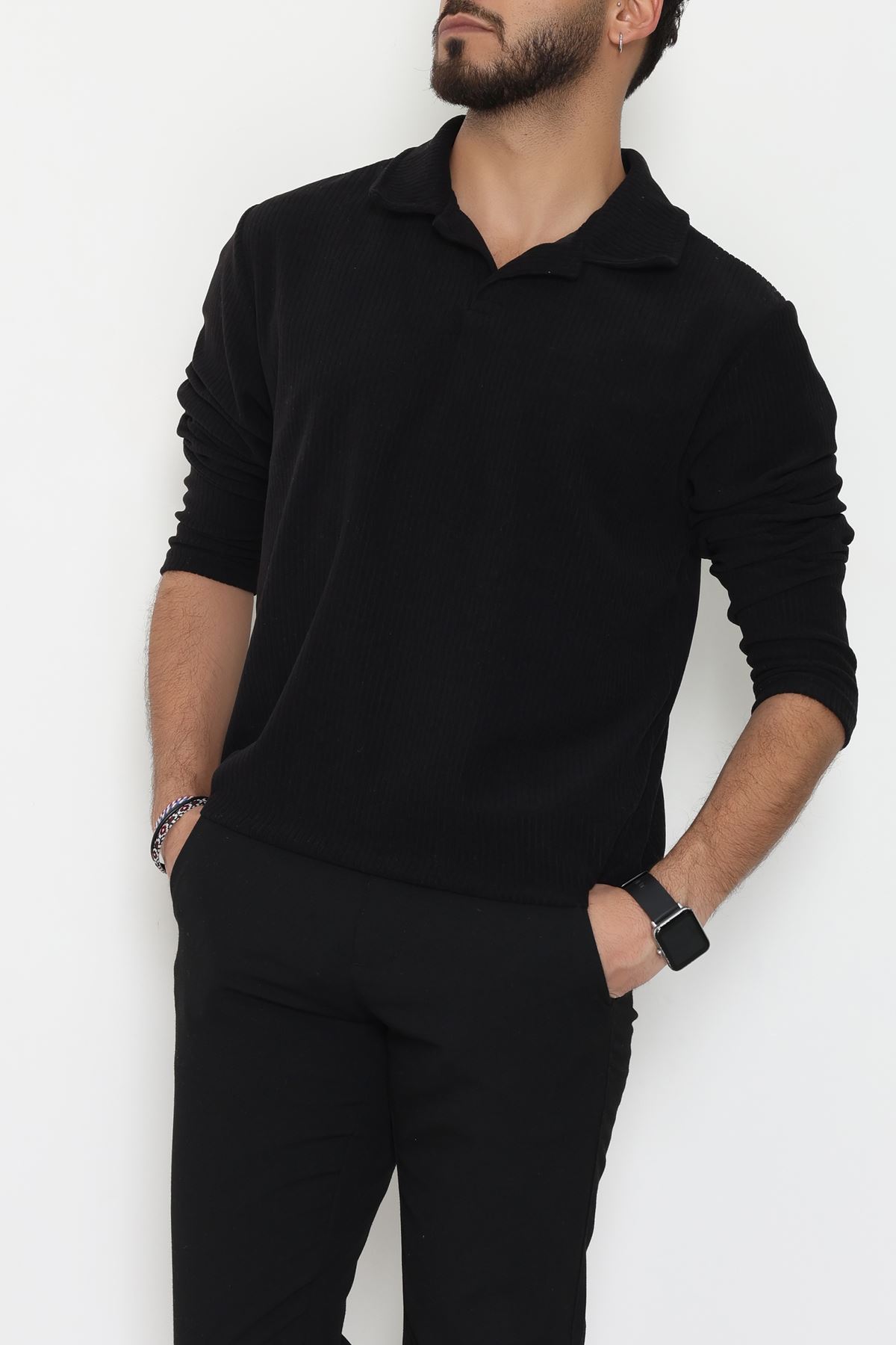 Fitilli Kadife Polo Yaka Erkek Sweat Siyah - 55027.1947.