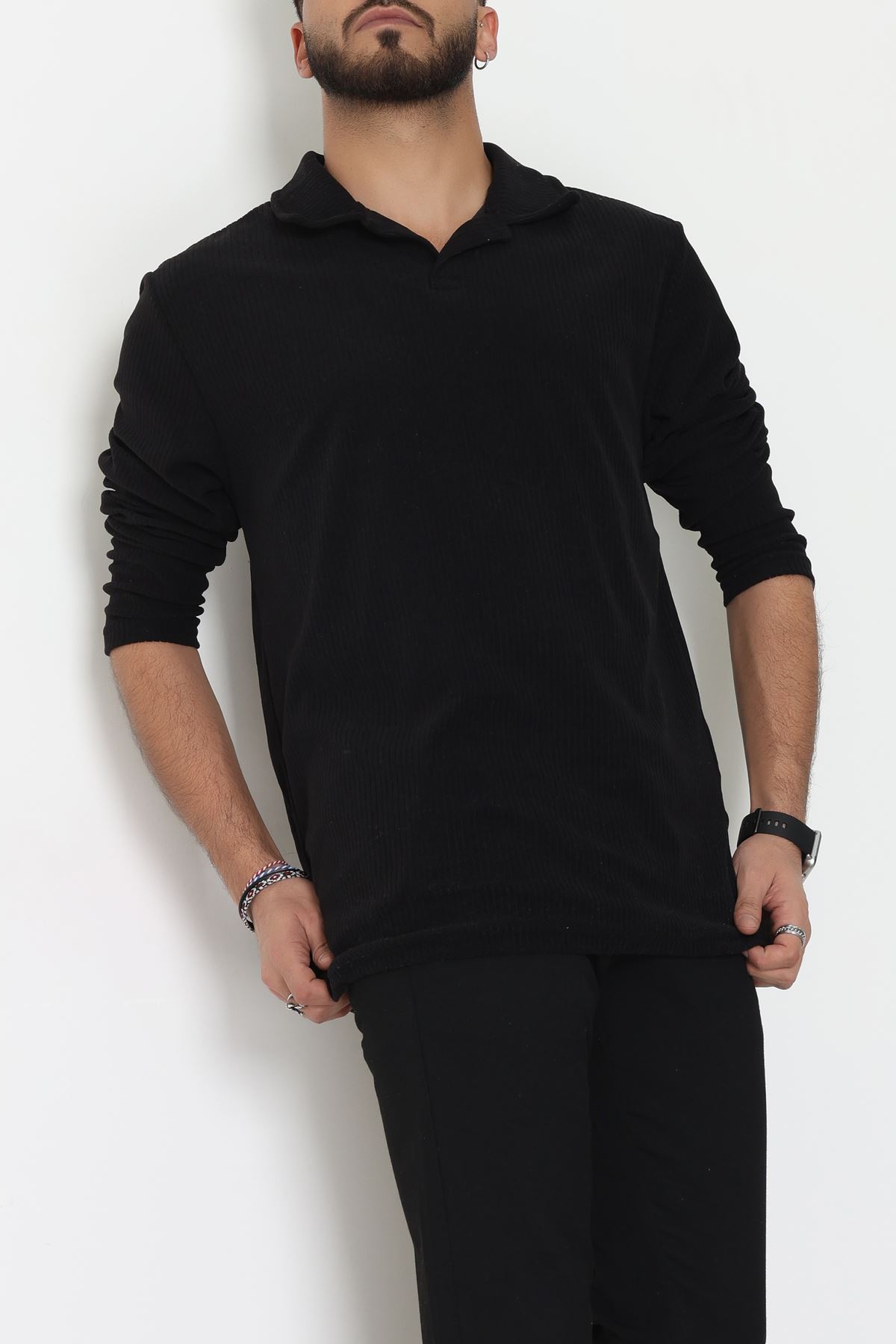 Fitilli Kadife Polo Yaka Erkek Sweat Siyah - 55027.1947.