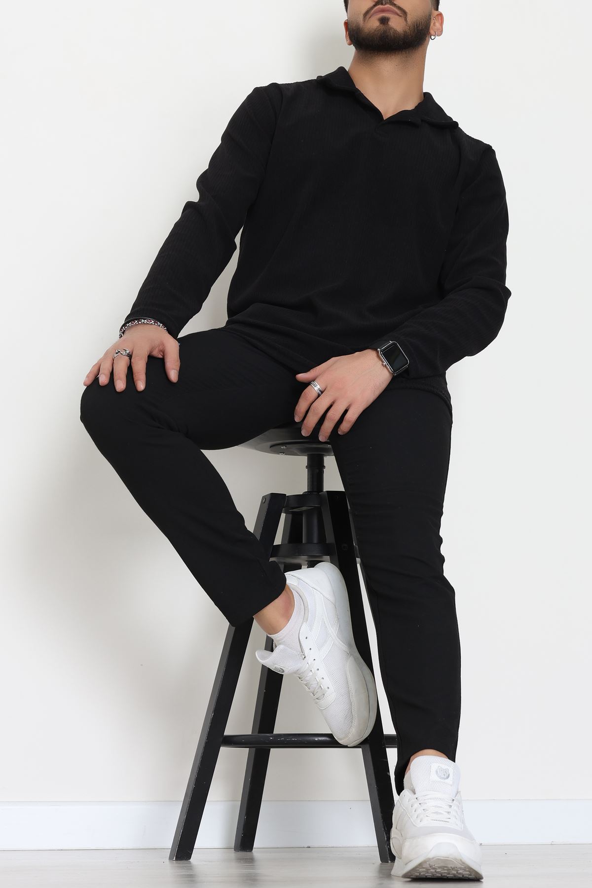 Fitilli Kadife Polo Yaka Erkek Sweat Siyah - 55027.1947.