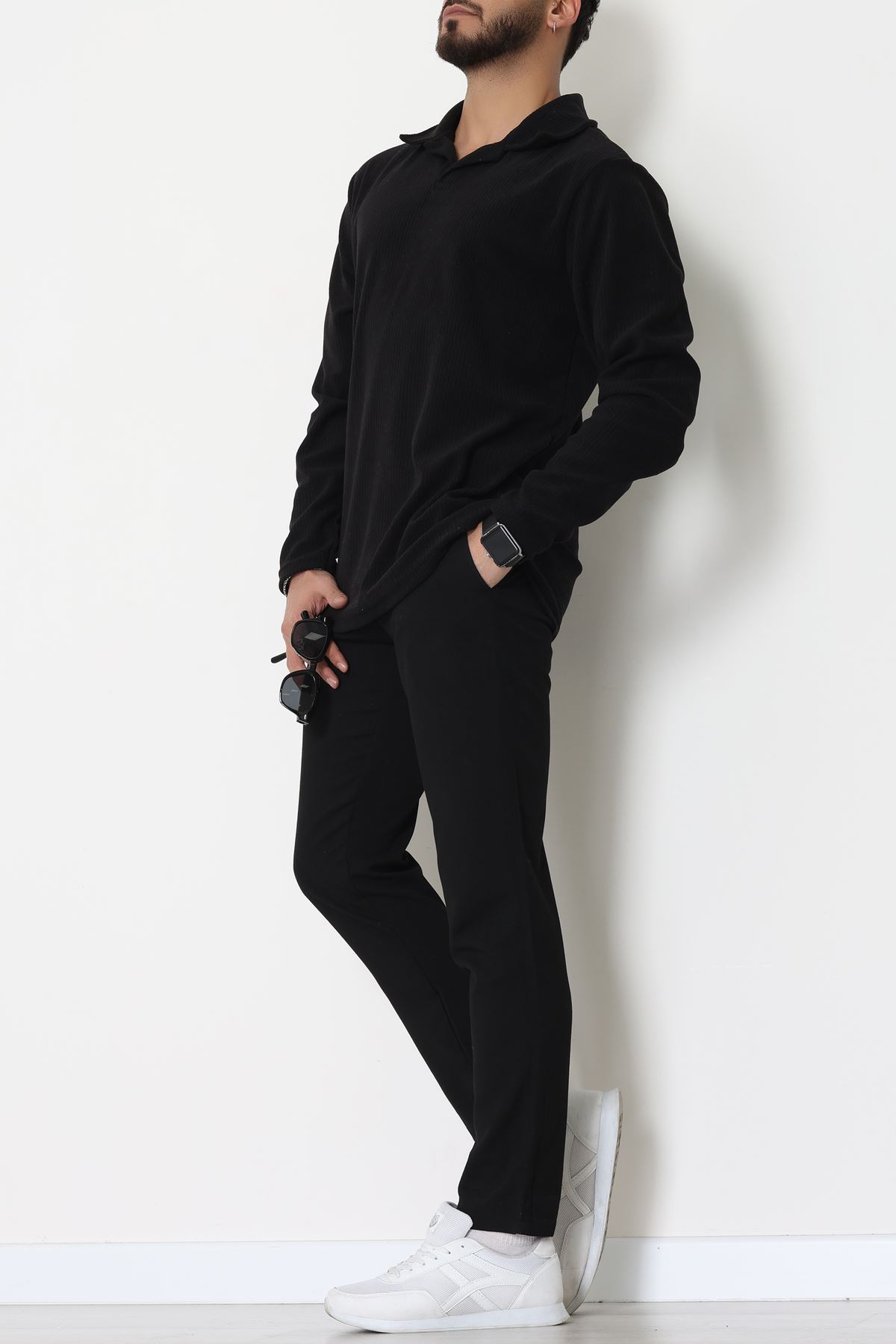 Fitilli Kadife Polo Yaka Erkek Sweat Siyah - 55027.1947.