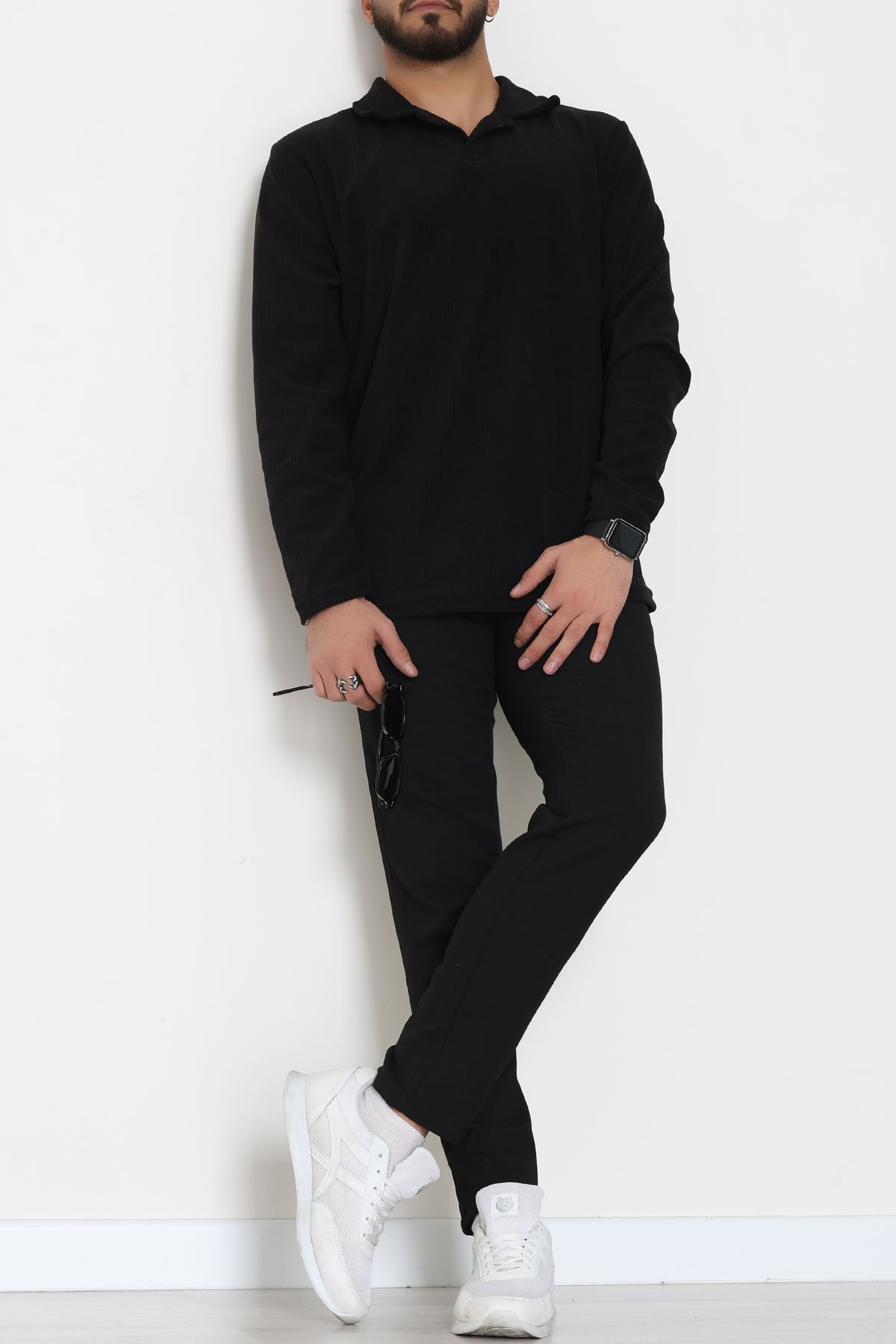 Fitilli Kadife Polo Yaka Erkek Sweat Siyah - 55027.1947.