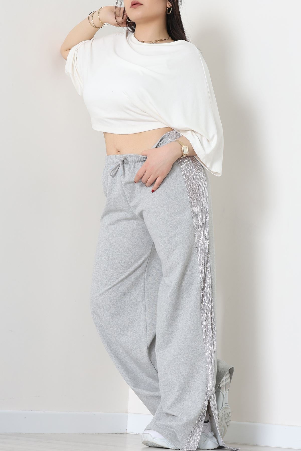 2 İplik Pul Detaylı Eşofman Altı Gri - 52111.1857.