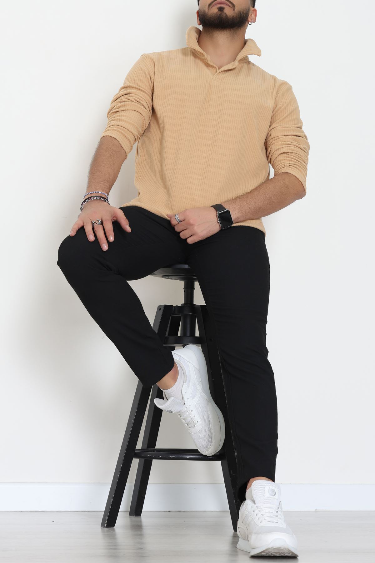 Fitilli Kadife Polo Yaka Erkek Sweat Bej - 55027.1947.