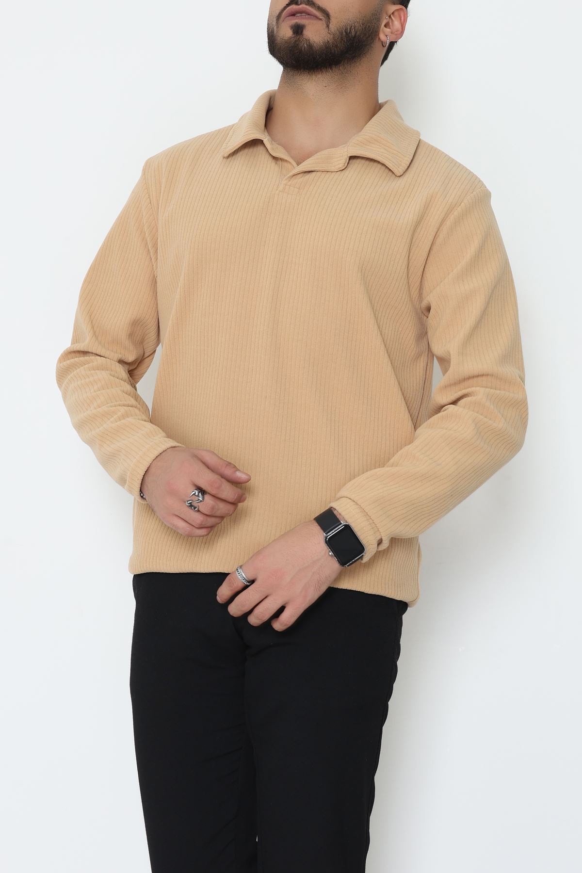 Fitilli Kadife Polo Yaka Erkek Sweat Bej - 55027.1947.