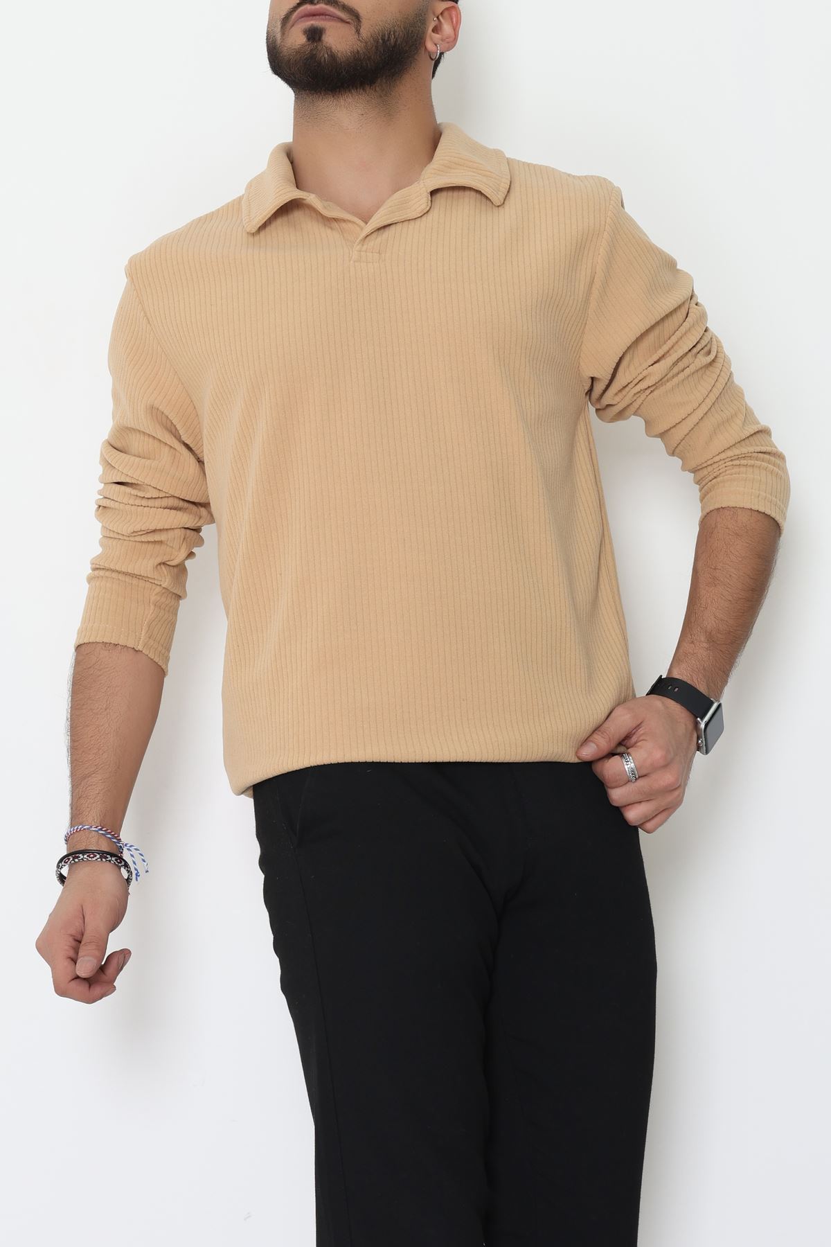 Fitilli Kadife Polo Yaka Erkek Sweat Bej - 55027.1947.