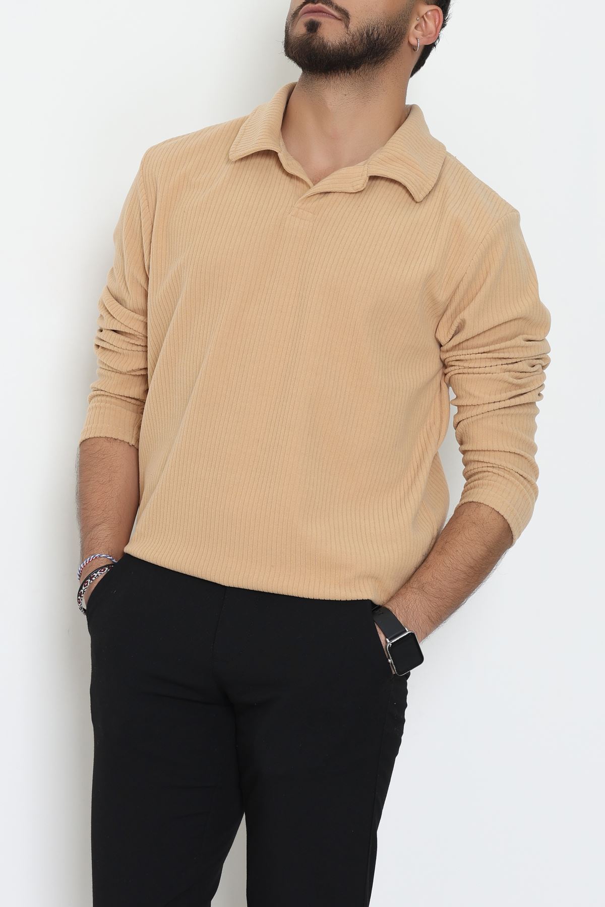 Fitilli Kadife Polo Yaka Erkek Sweat Bej - 55027.1947.
