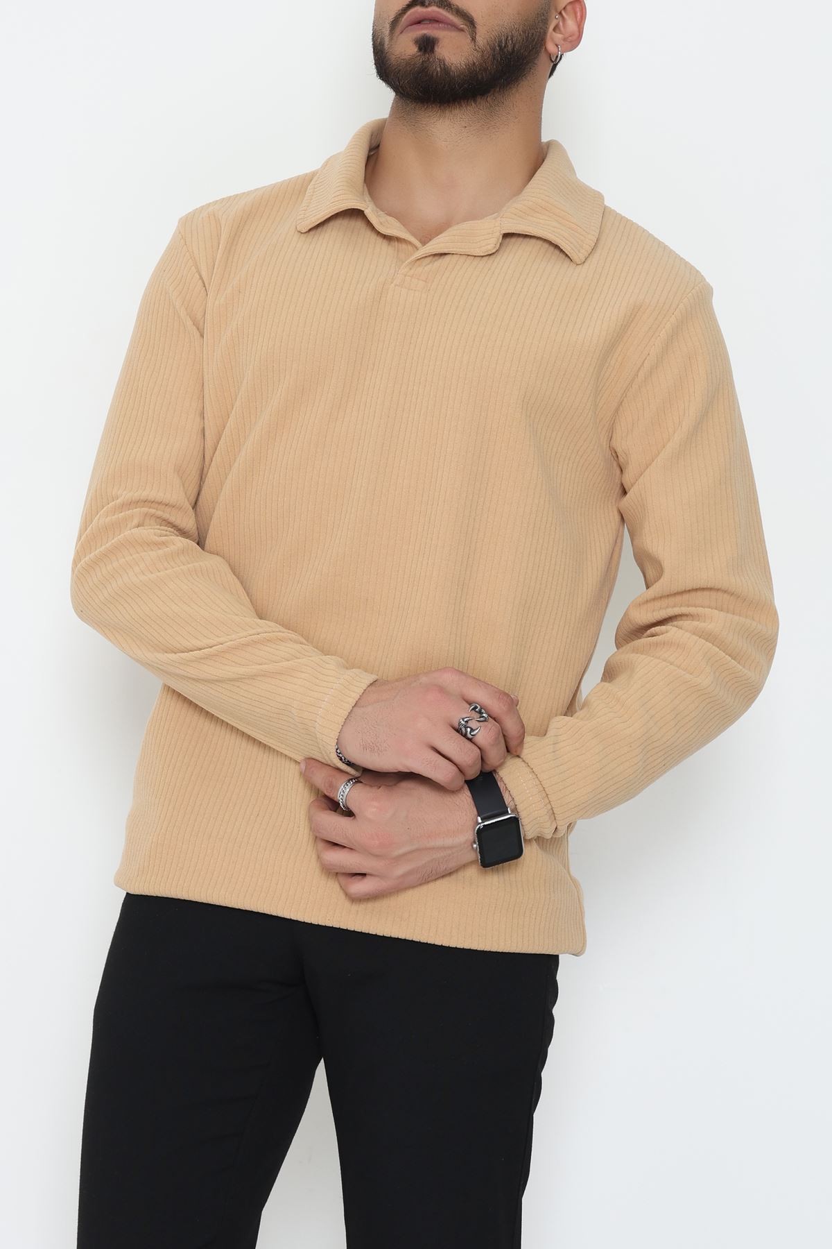 Fitilli Kadife Polo Yaka Erkek Sweat Bej - 55027.1947.