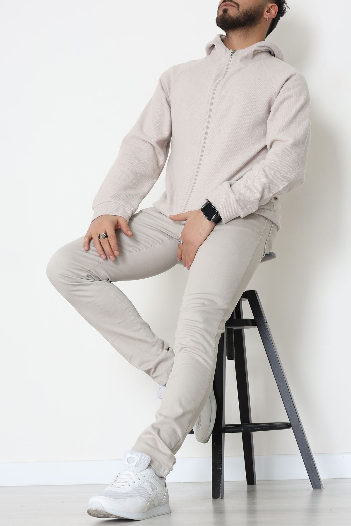 Selanik Kumaş Kapşonlu Erkek Sweat Taş - 42799.1567.