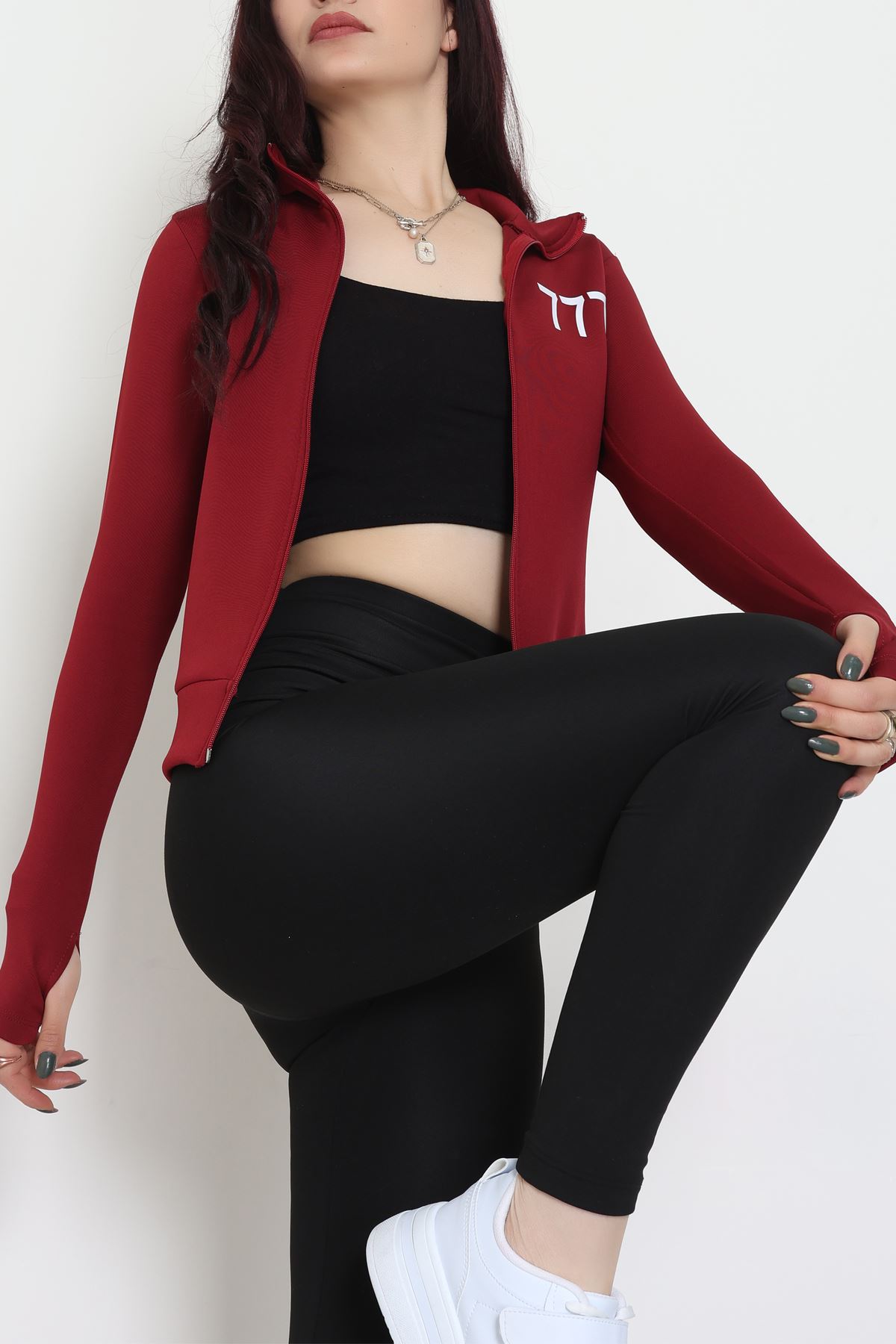 Double Krep Kumaş Parmak Geçmeli Baskılı Ceket Bordo - 42783.1567.