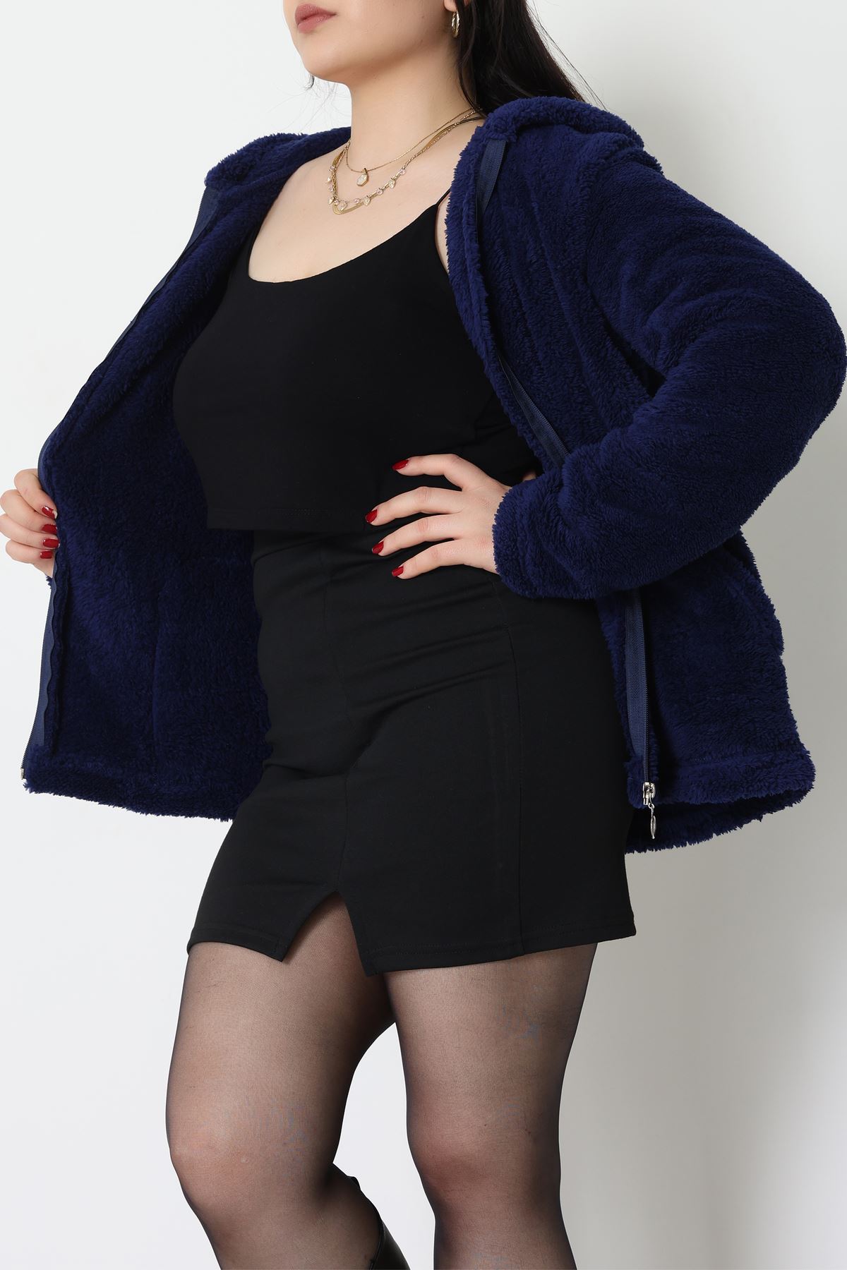 Welsoft Kumaş Kapşonlu Battal Ceket Lacivert - 70749.107.