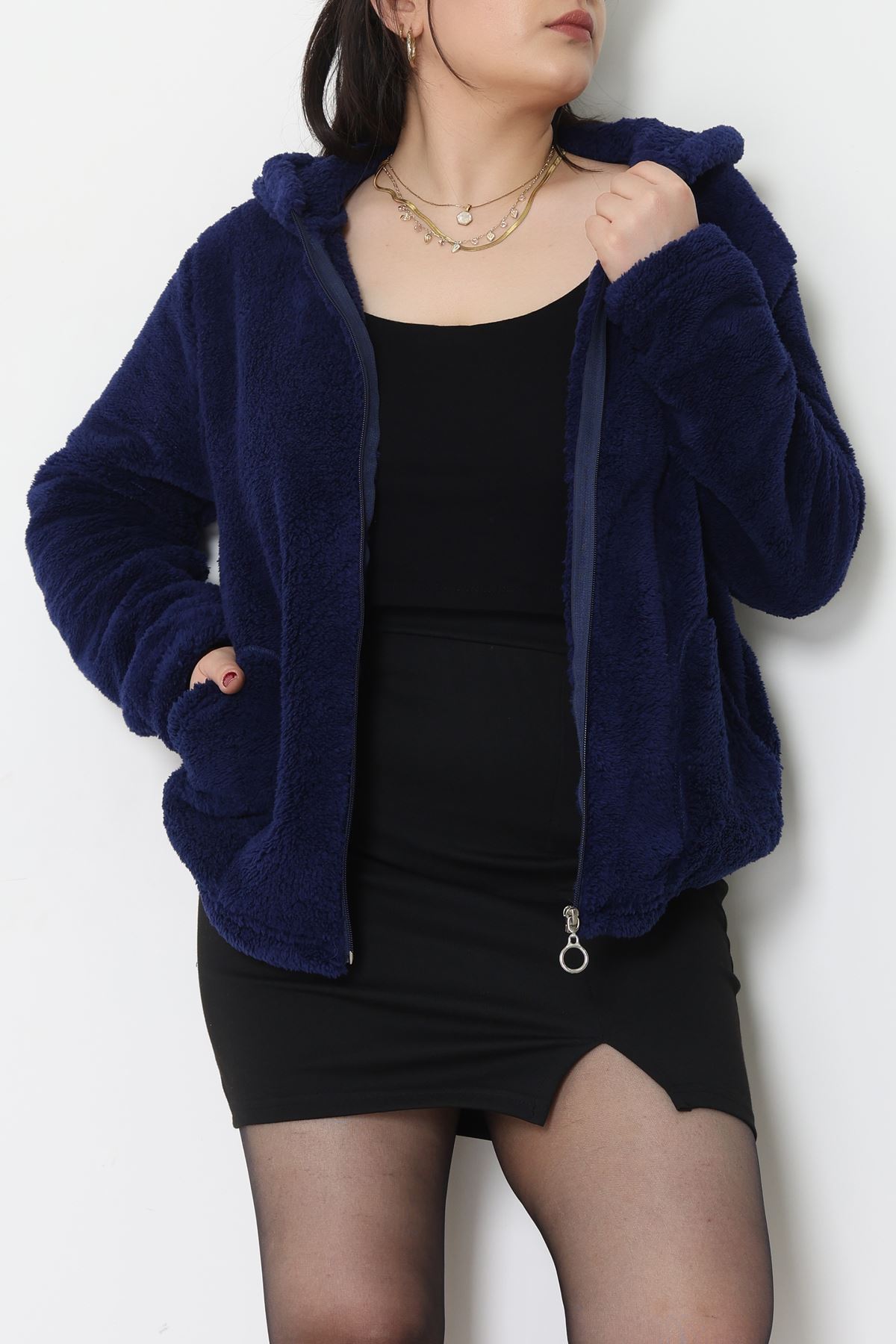 Welsoft Kumaş Kapşonlu Battal Ceket Lacivert - 70749.107.